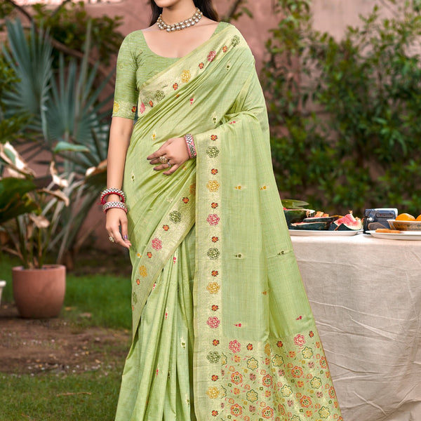 Sangam Prints Lite Green Heavy Assam Silk Saree With Meena Woven Work Traditional Saree - Distacart