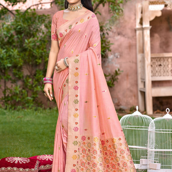 Sangam Prints Peach Heavy Assam Silk Saree With Meena Woven Work Traditional Saree - Distacart