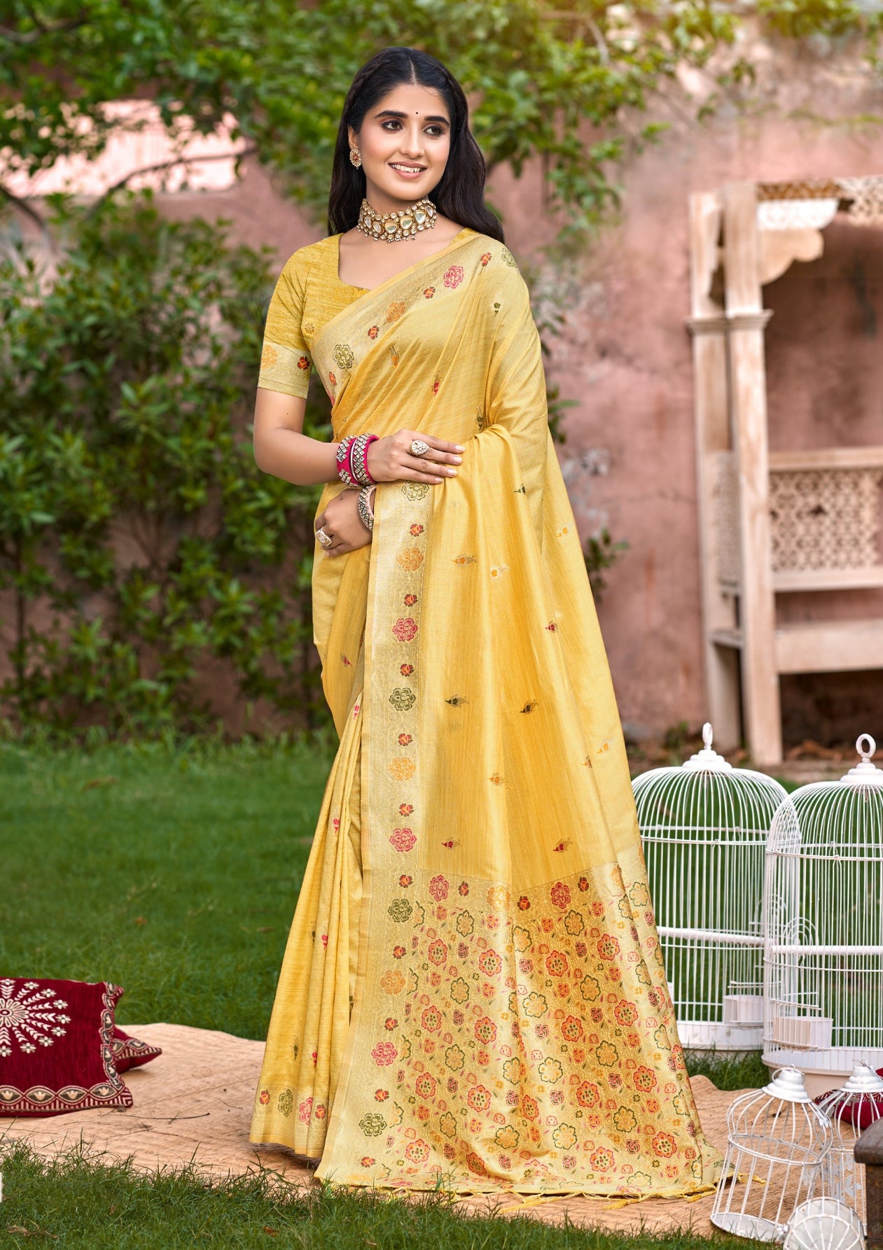 Sangam Prints Yellow Heavy Assam Silk Saree With Meena Woven Work Traditional Saree