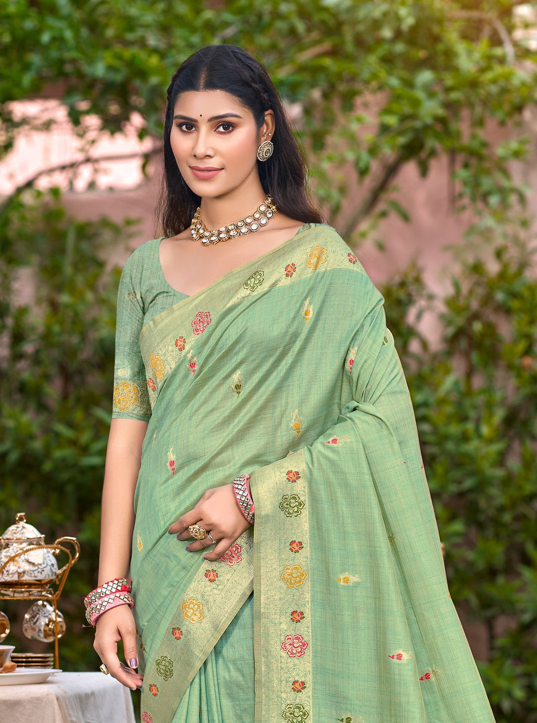 Sangam Prints Sea Green Heavy Assam Silk Saree With Meena Woven Work Traditional Saree