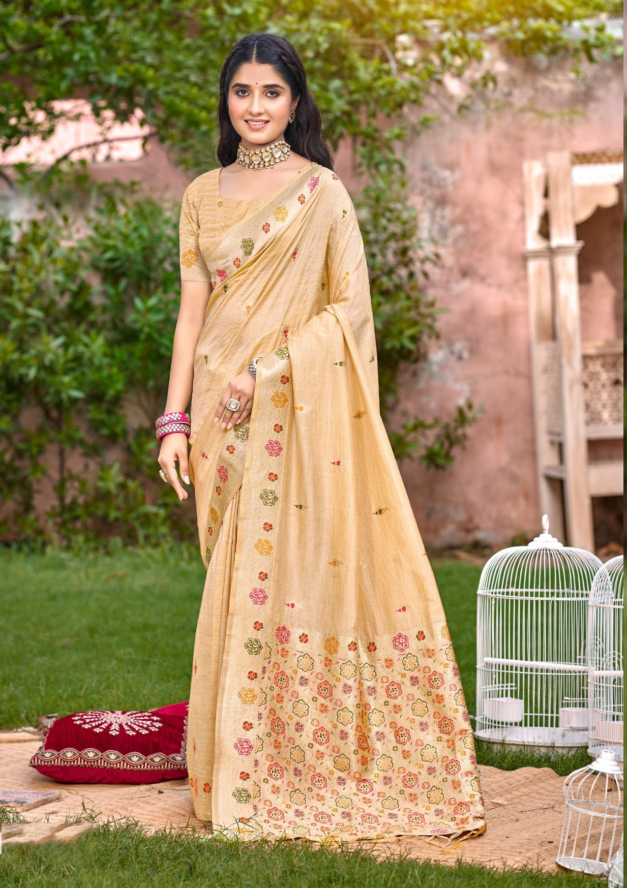 Sangam Prints Cream Heavy Assam Silk Saree With Meena Woven Work Traditional Saree