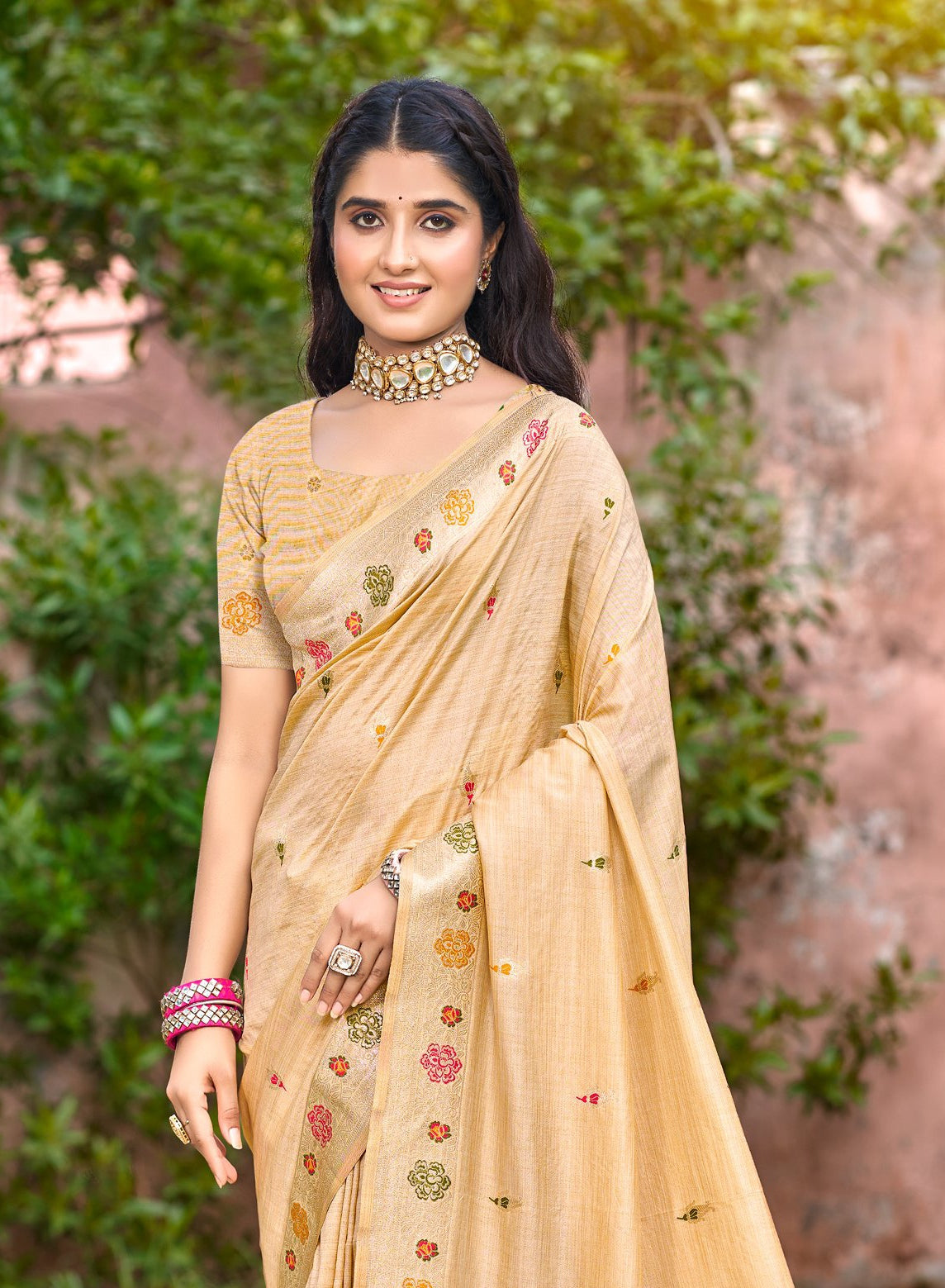 Sangam Prints Cream Heavy Assam Silk Saree With Meena Woven Work Traditional Saree