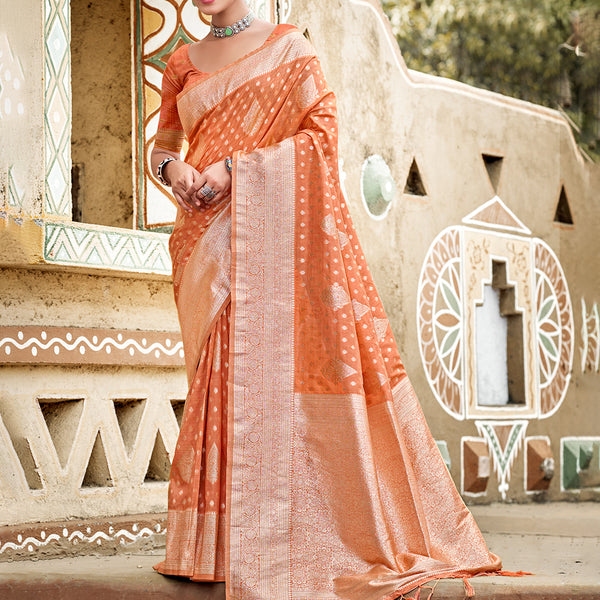 Sangam Prints Orange Assam Silk Woven Work Traditional Saree