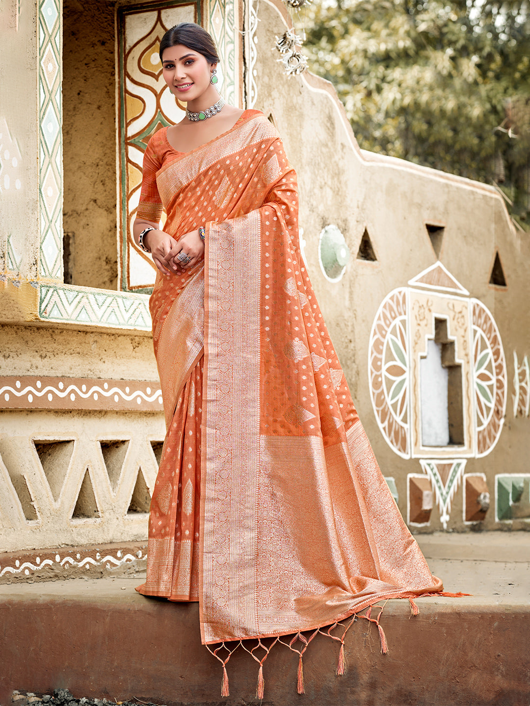 Sangam Prints Orange Assam Silk Woven Work Traditional Saree - Distacart