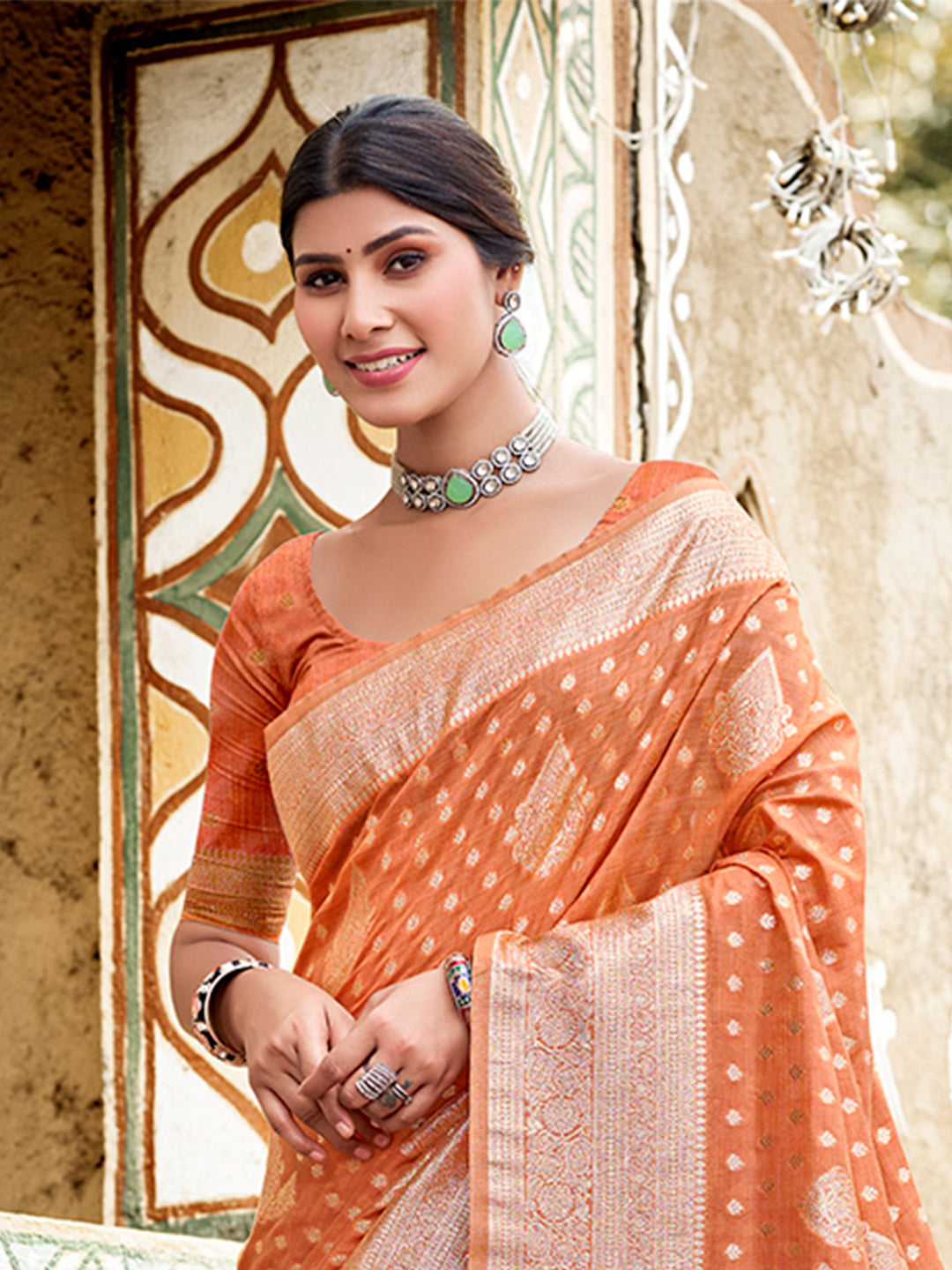 Sangam Prints Orange Assam Silk Woven Work Traditional Saree - Distacart