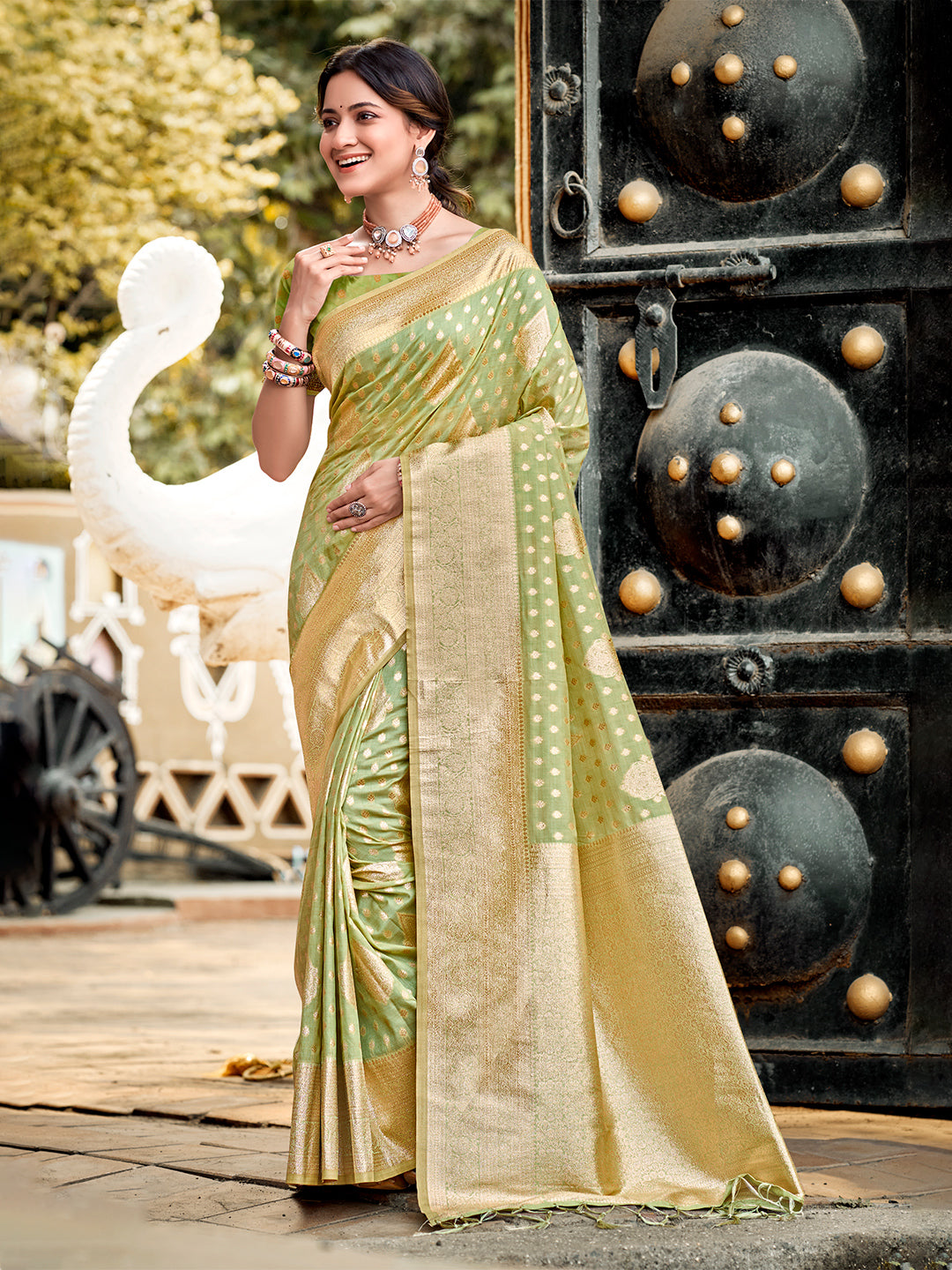 Sangam Prints Mint Green Assam Silk Woven Work Traditional Saree - Distacart