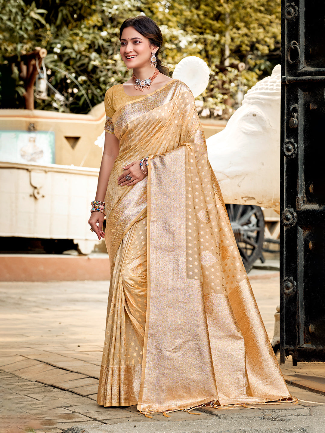 Sangam Prints Cream Assam Silk Woven Work Traditional Saree - Distacart