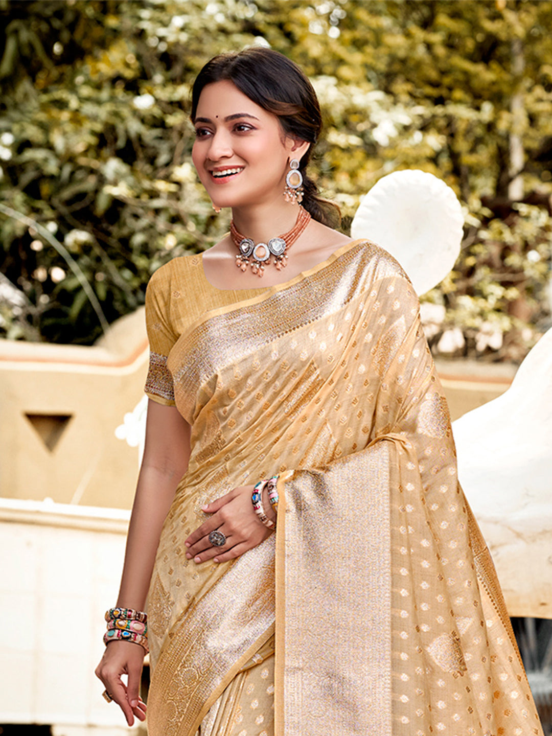 Sangam Prints Cream Assam Silk Woven Work Traditional Saree