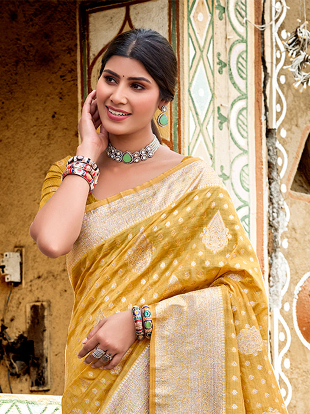 Sangam Prints Mustard Assam Silk Woven Work Traditional Saree - Distacart