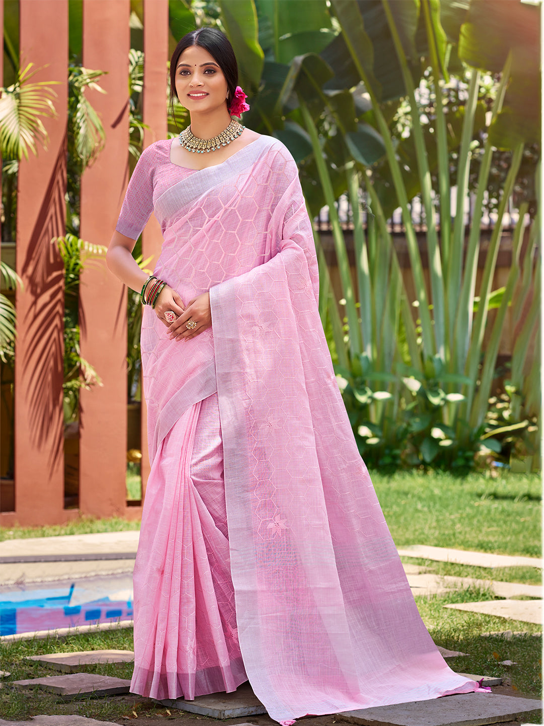 Sangam Prints Pink Linen Woven Work Traditional Saree