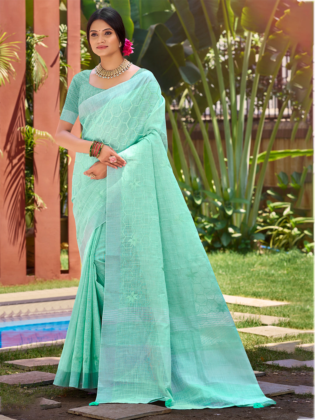 Sangam Prints Mint Green Linen Woven Work Traditional Saree