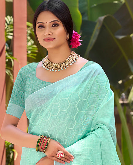 Sangam Prints Mint Green Linen Woven Work Traditional Saree