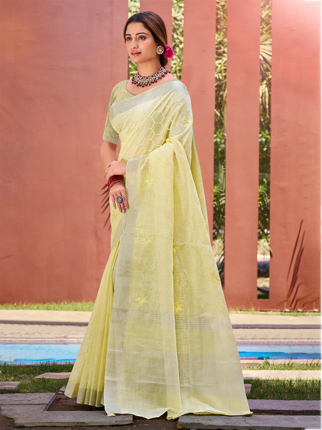 Sangam Prints Yellow Linen Woven Work Traditional Saree - Distacart