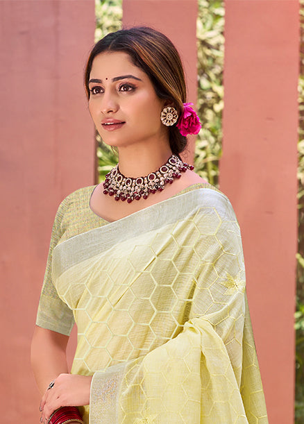 Sangam Prints Yellow Linen Woven Work Traditional Saree