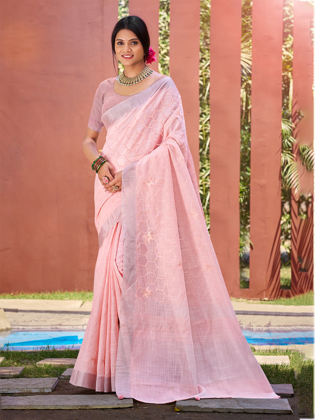 Sangam Prints Pink Linen Woven Work Traditional Saree