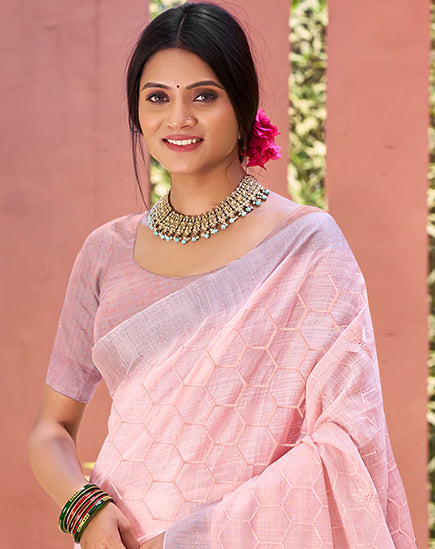 Sangam Prints Pink Linen Woven Work Traditional Saree