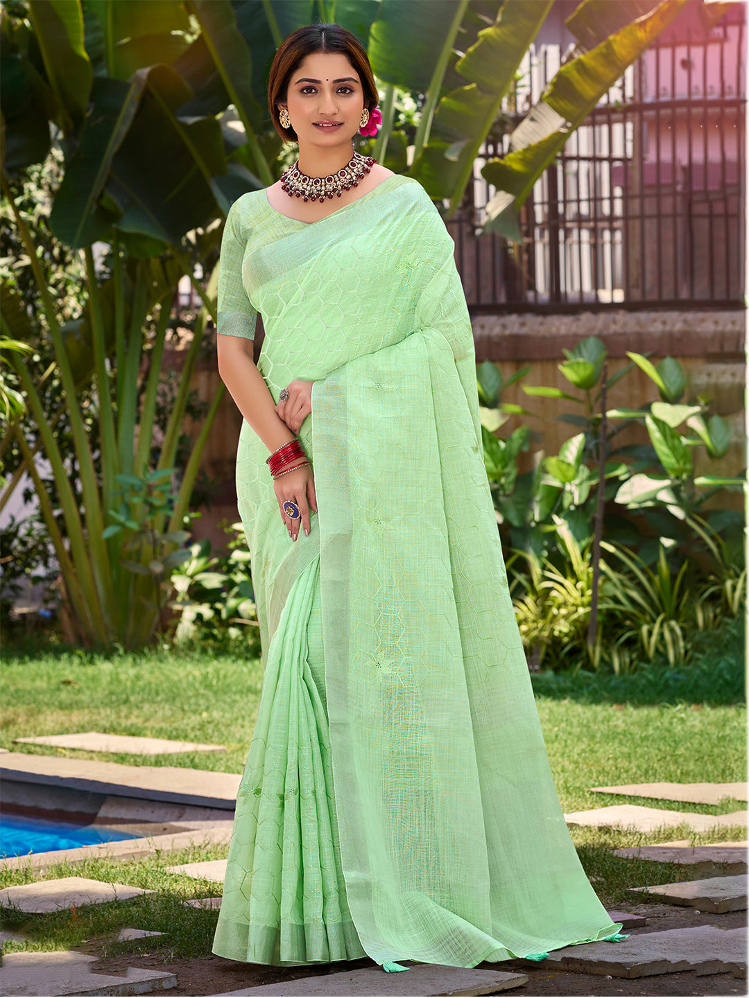 Sangam Prints Light Green Linen Woven Work Traditional Saree