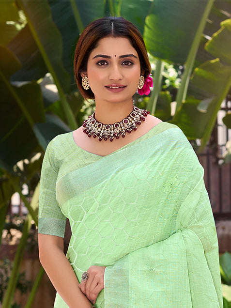 Sangam Prints Light Green Linen Woven Work Traditional Saree