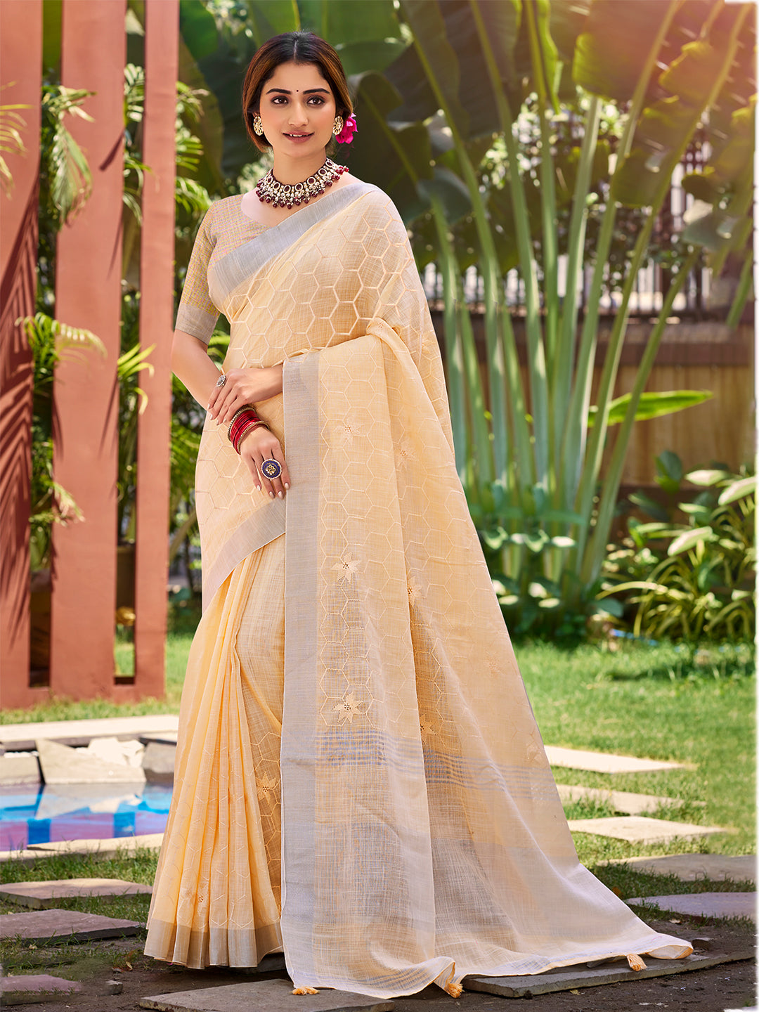 Sangam Prints Peach Linen Woven Work Traditional Saree