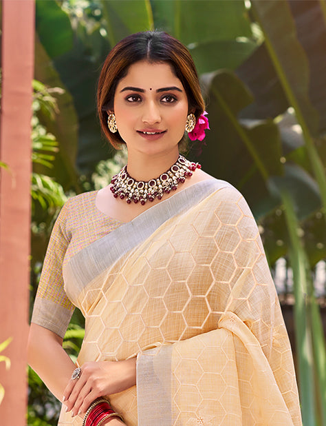 Sangam Prints Peach Linen Woven Work Traditional Saree