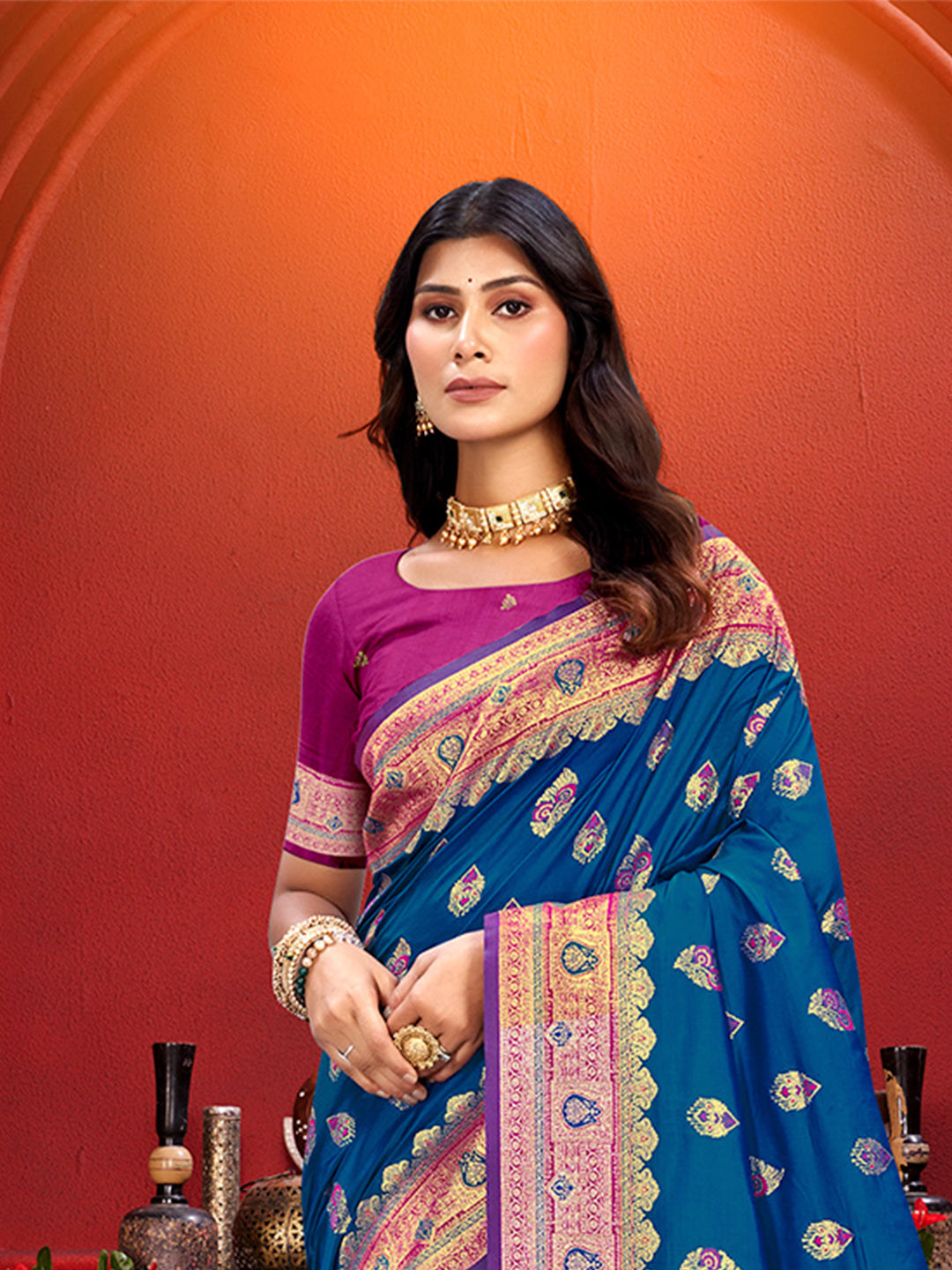 Sangam Prints Teal Blue Silk Woven Work Traditional Saree - Distacart