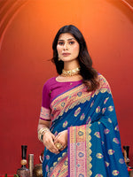 Thumbnail for Sangam Prints Teal Blue Silk Woven Work Traditional Saree