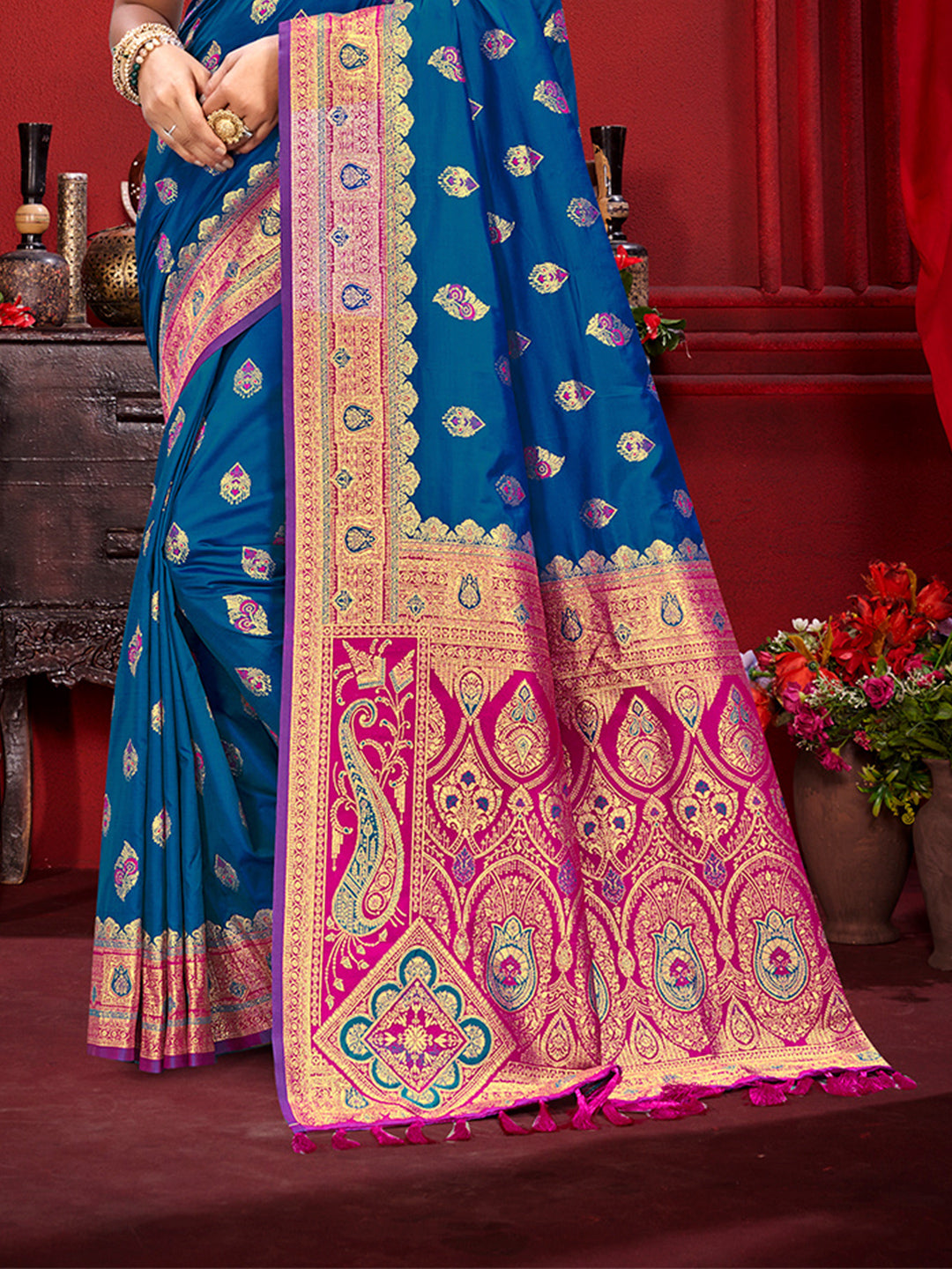Sangam Prints Teal Blue Silk Woven Work Traditional Saree - Distacart