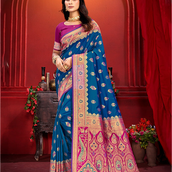 Sangam Prints Teal Blue Silk Woven Work Traditional Saree