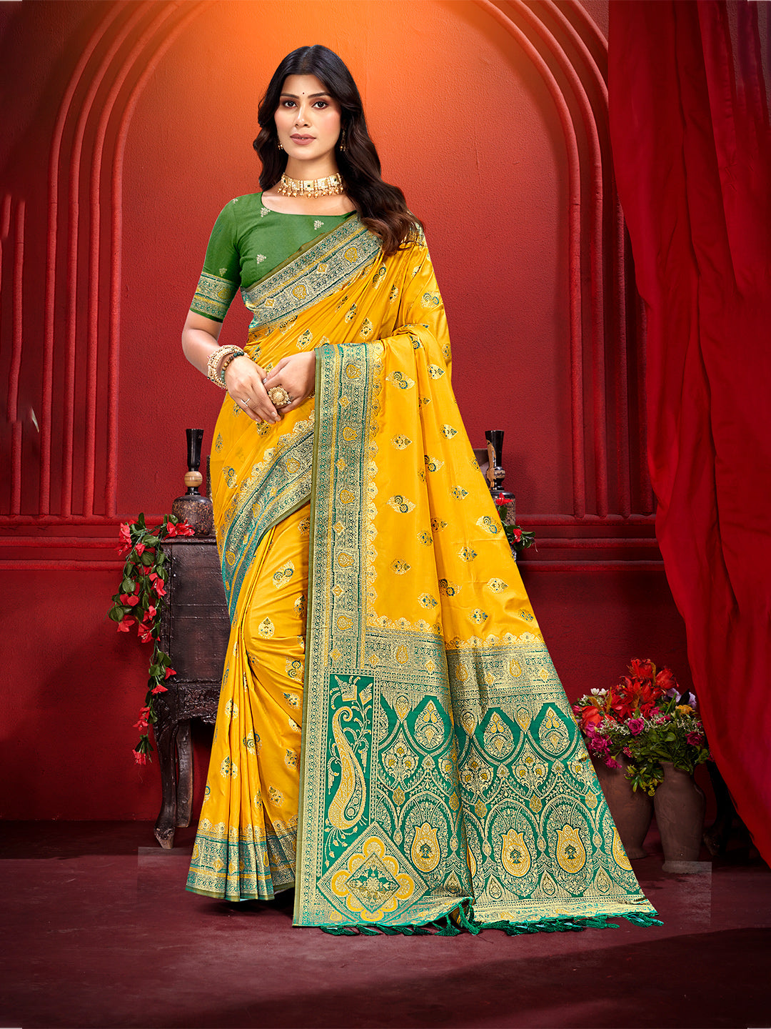 Sangam Prints Yellow Silk Woven Work Traditional Saree - Distacart
