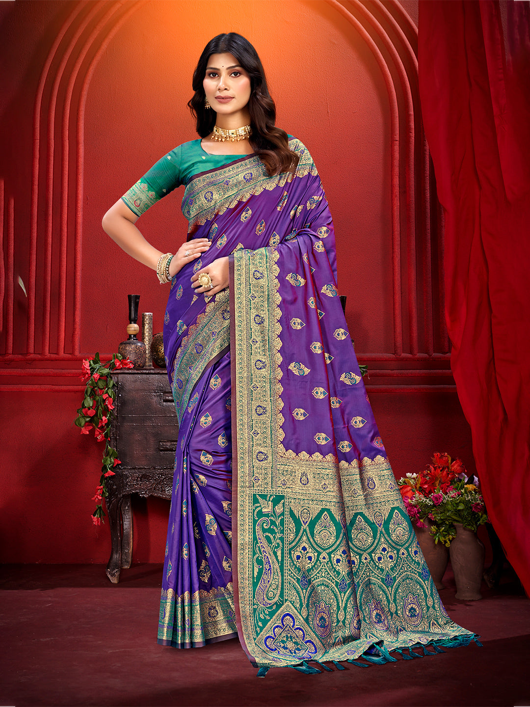 Sangam Prints Purple Silk Woven Work Traditional Saree - Distacart