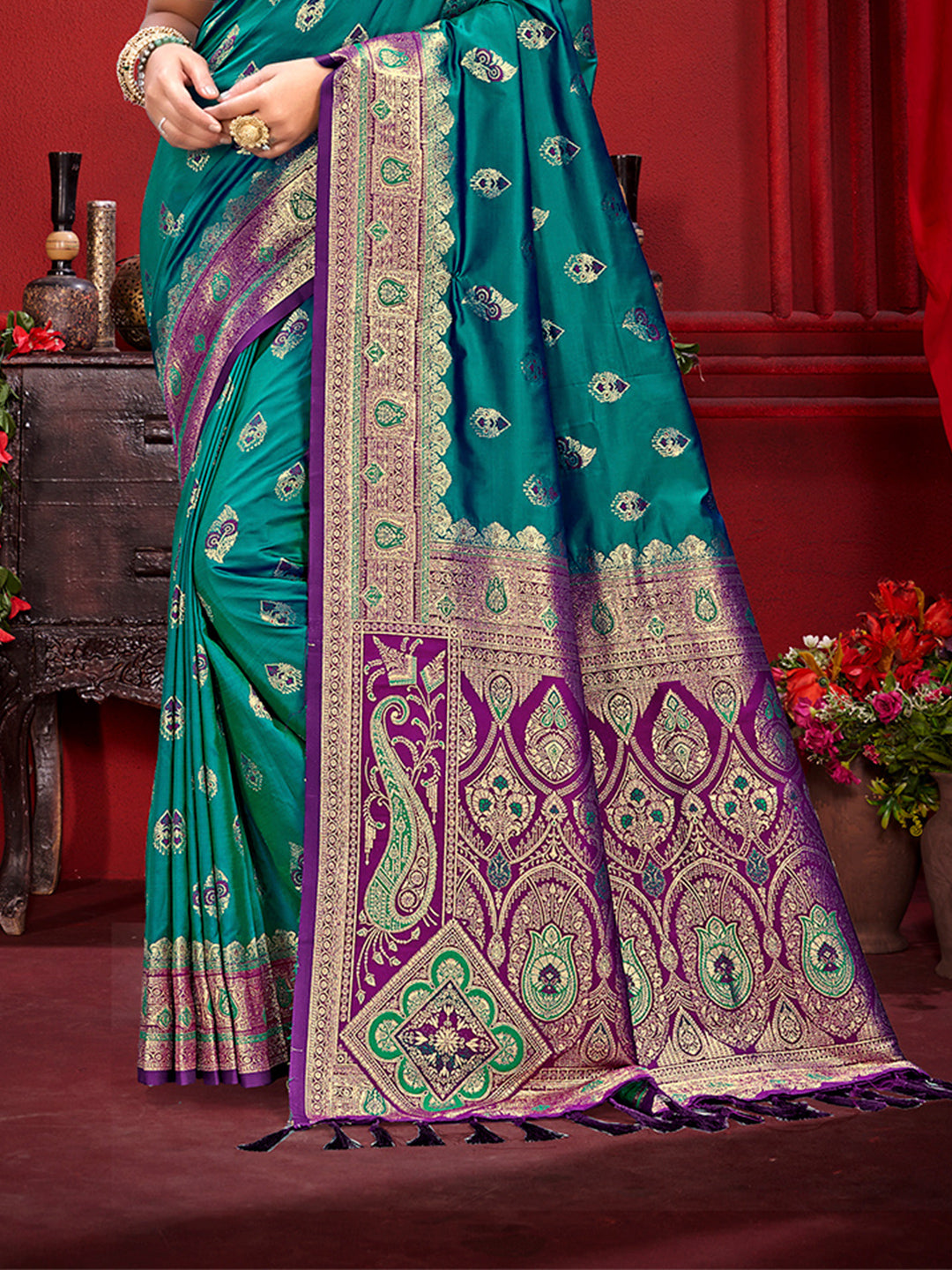 Sangam Prints Turquoise Blue Silk Woven Work Traditional Saree - Distacart