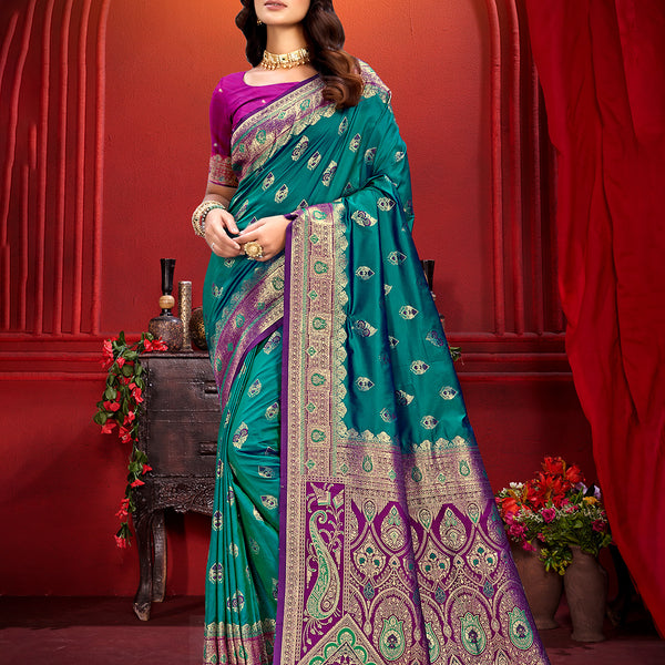 Sangam Prints Turquoise Blue Silk Woven Work Traditional Saree
