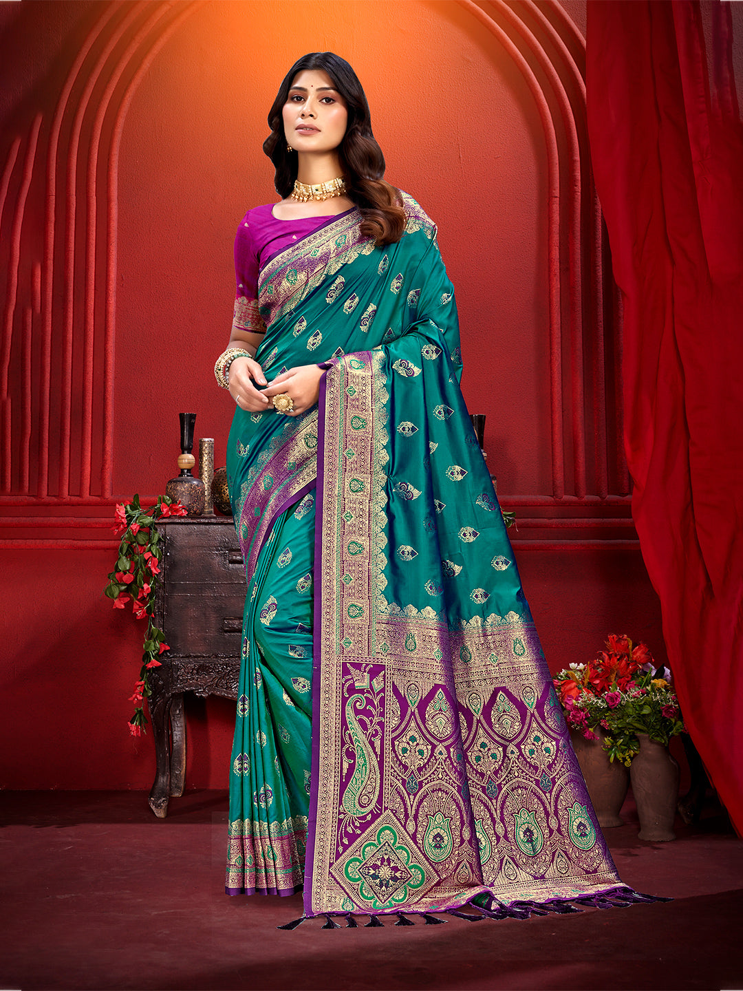 Sangam Prints Turquoise Blue Silk Woven Work Traditional Saree - Distacart
