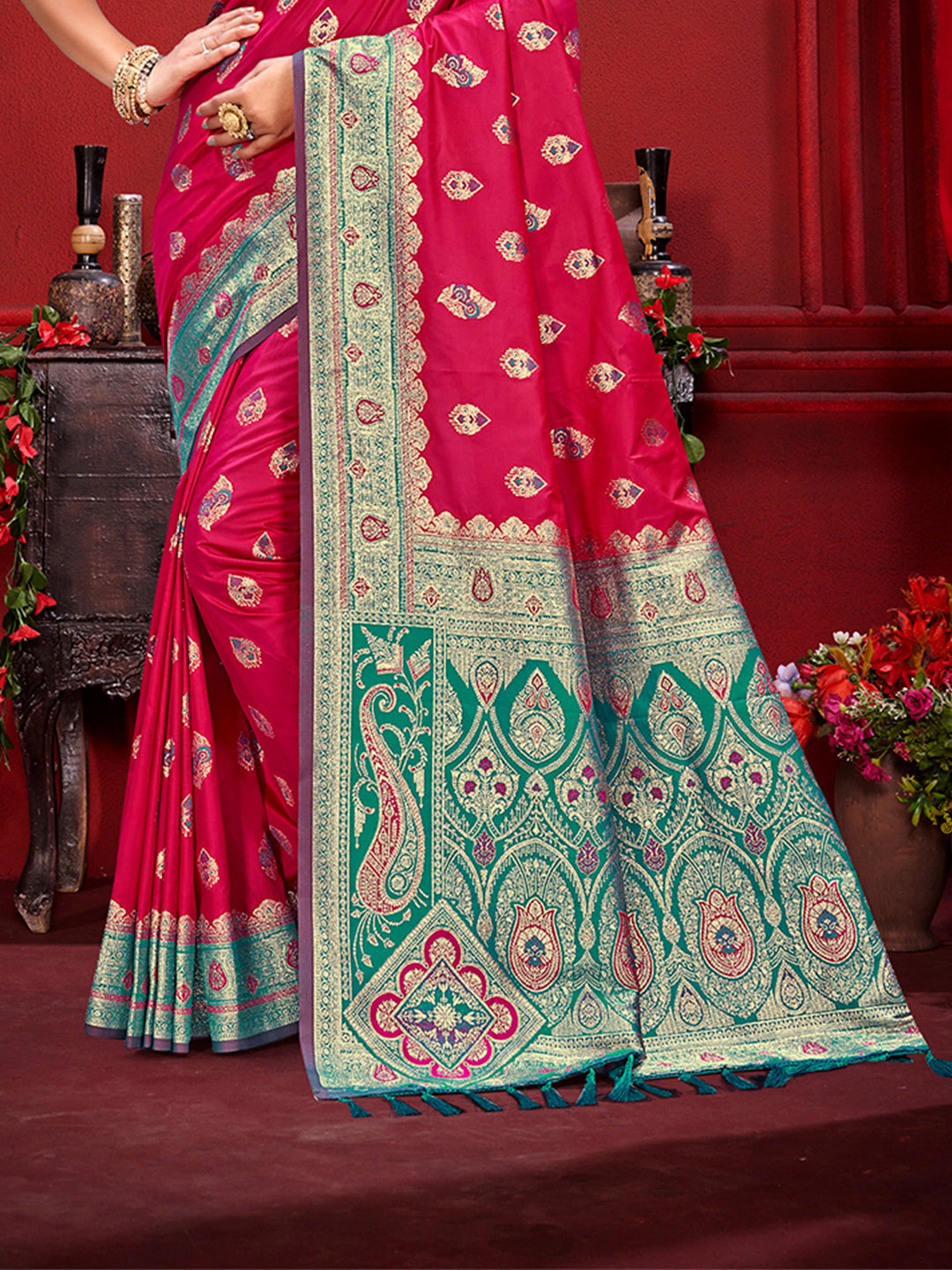 Sangam Prints Rani Pink Silk Woven Work Traditional Saree