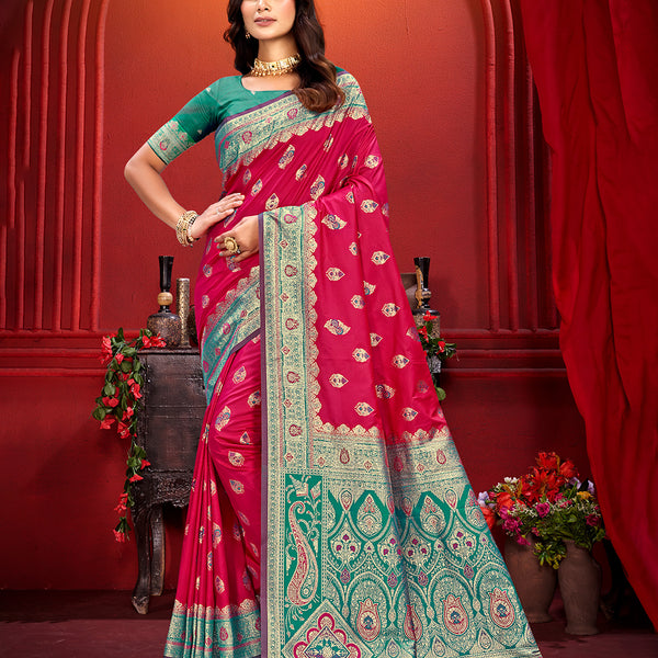 Sangam Prints Rani Pink Silk Woven Work Traditional Saree