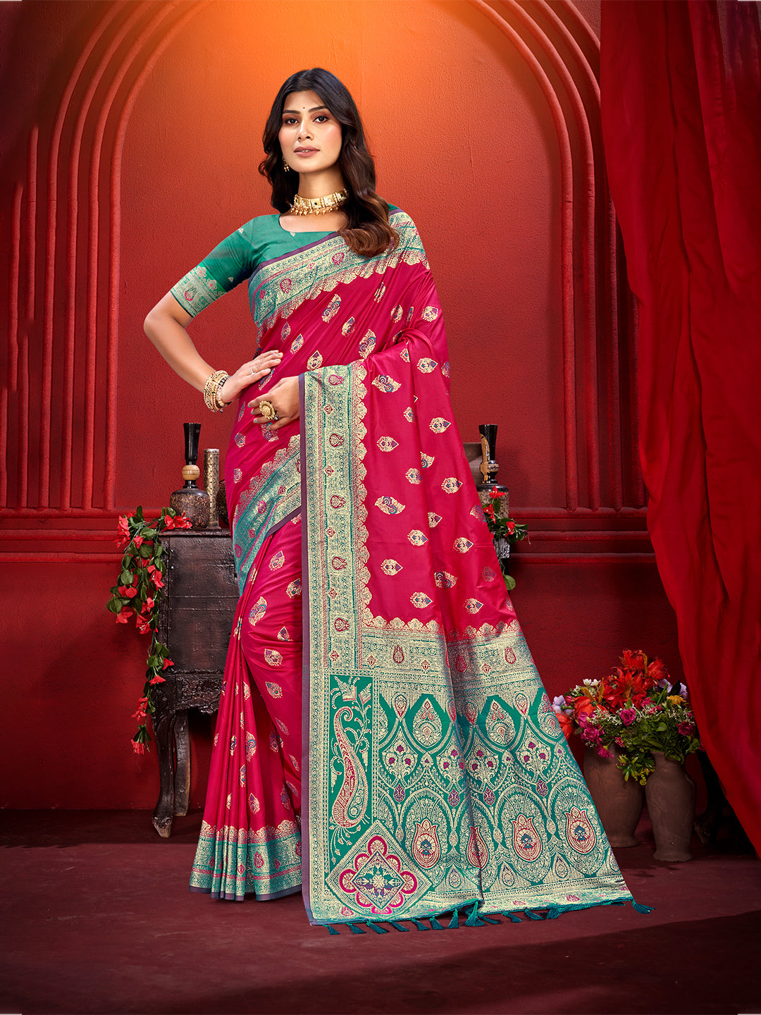 Sangam Prints Rani Pink Silk Woven Work Traditional Saree - Distacart