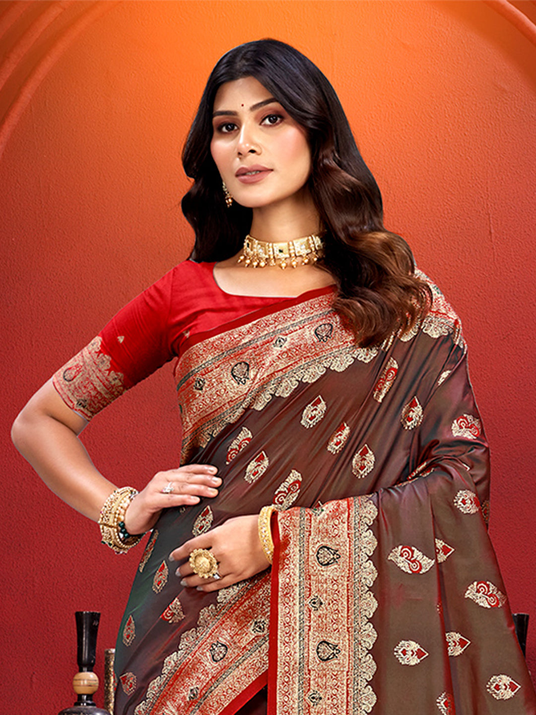 Sangam Prints Brown  Silk Woven Work Traditional Saree - Distacart