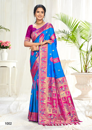Prazu Fashion Blue And Pink Silk Weaving Wedding Wear Saree