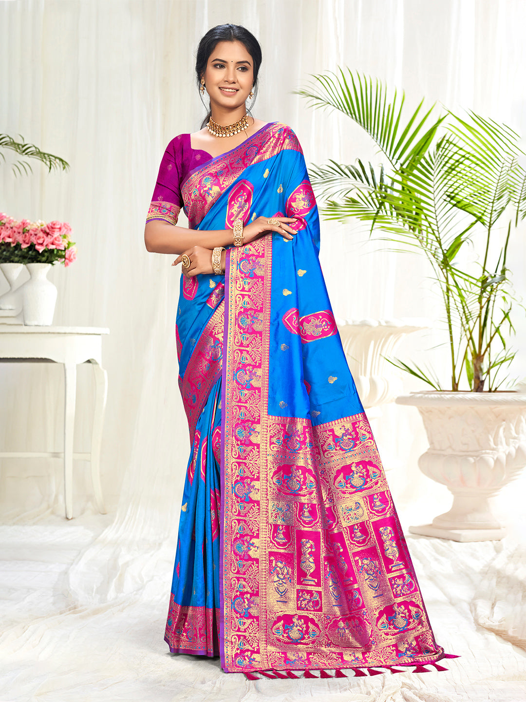 Sangam Prints Blue Silk Woven Work Traditional Saree - Distacart