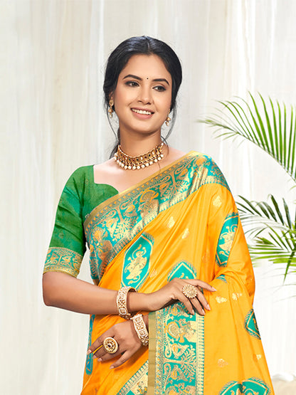 Sangam Prints Yellow Silk Woven Work Traditional Saree - Distacart