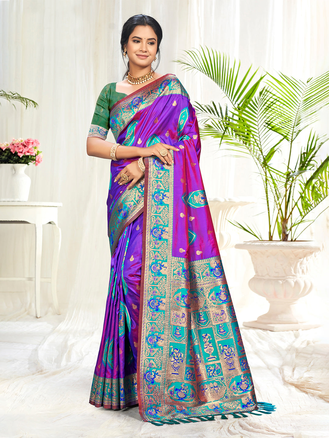 Sangam Prints Purple Silk Woven Work Traditional Saree - Distacart