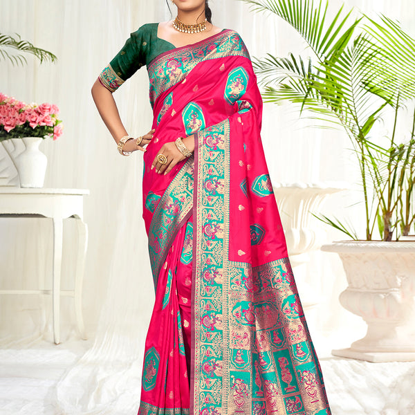 Sangam Prints Rani Pink Silk Woven Work Traditional Saree