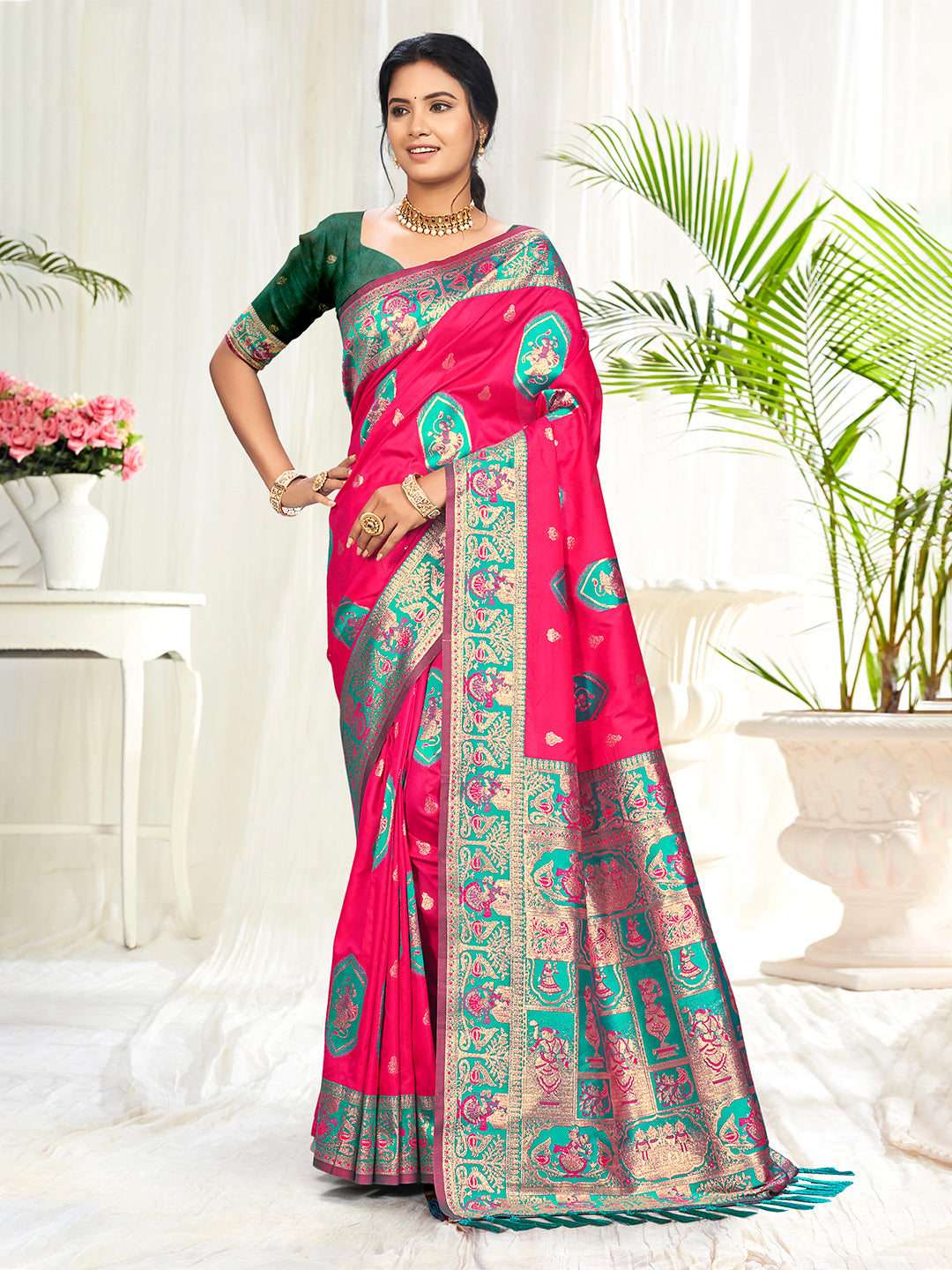 Sangam Prints Rani Pink Silk Woven Work Traditional Saree - Distacart