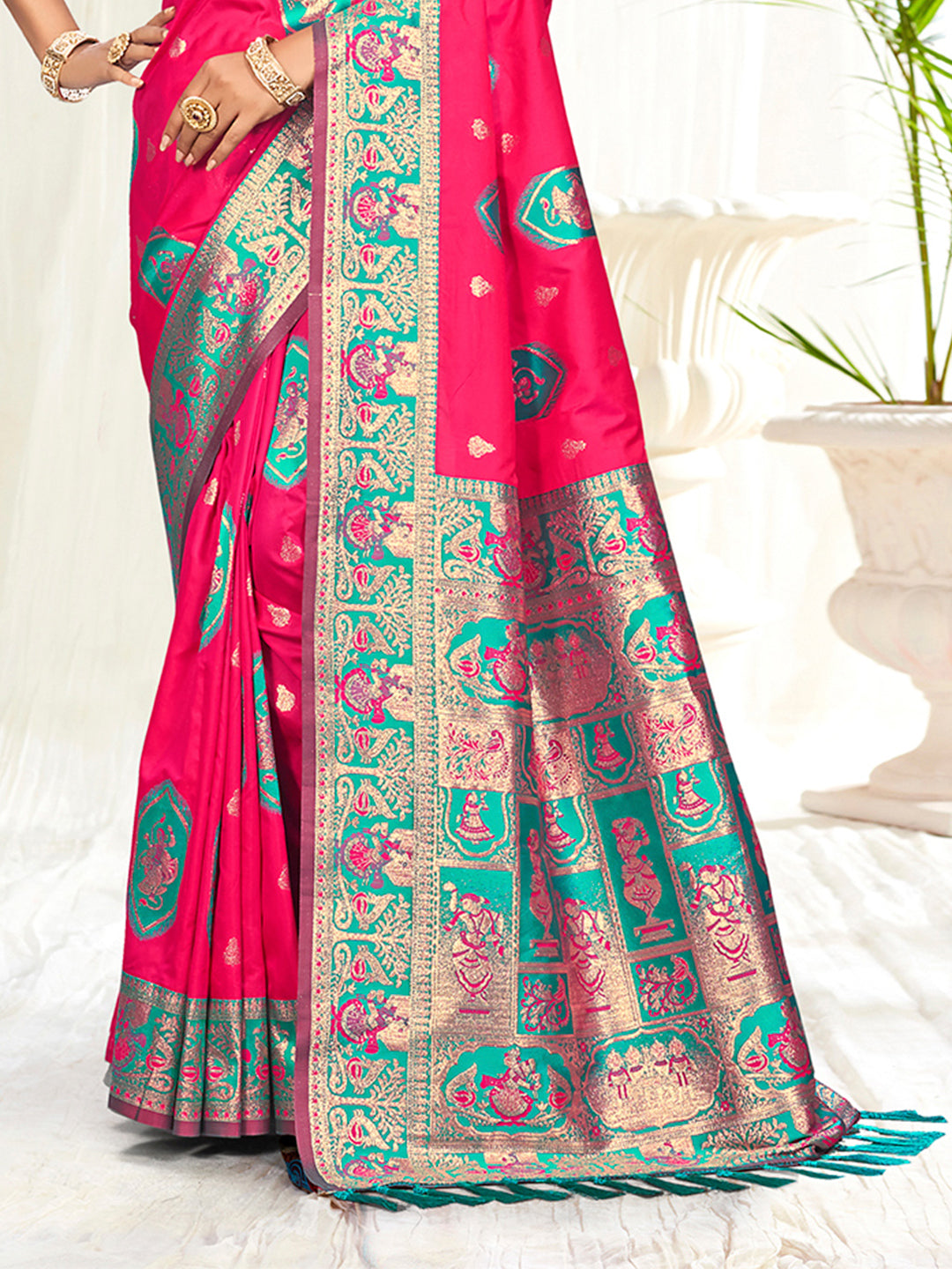 Sangam Prints Rani Pink Silk Woven Work Traditional Saree