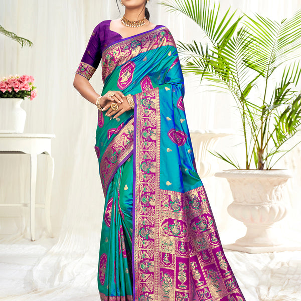 Sangam Prints Teal Blue Silk Woven Work Traditional Saree