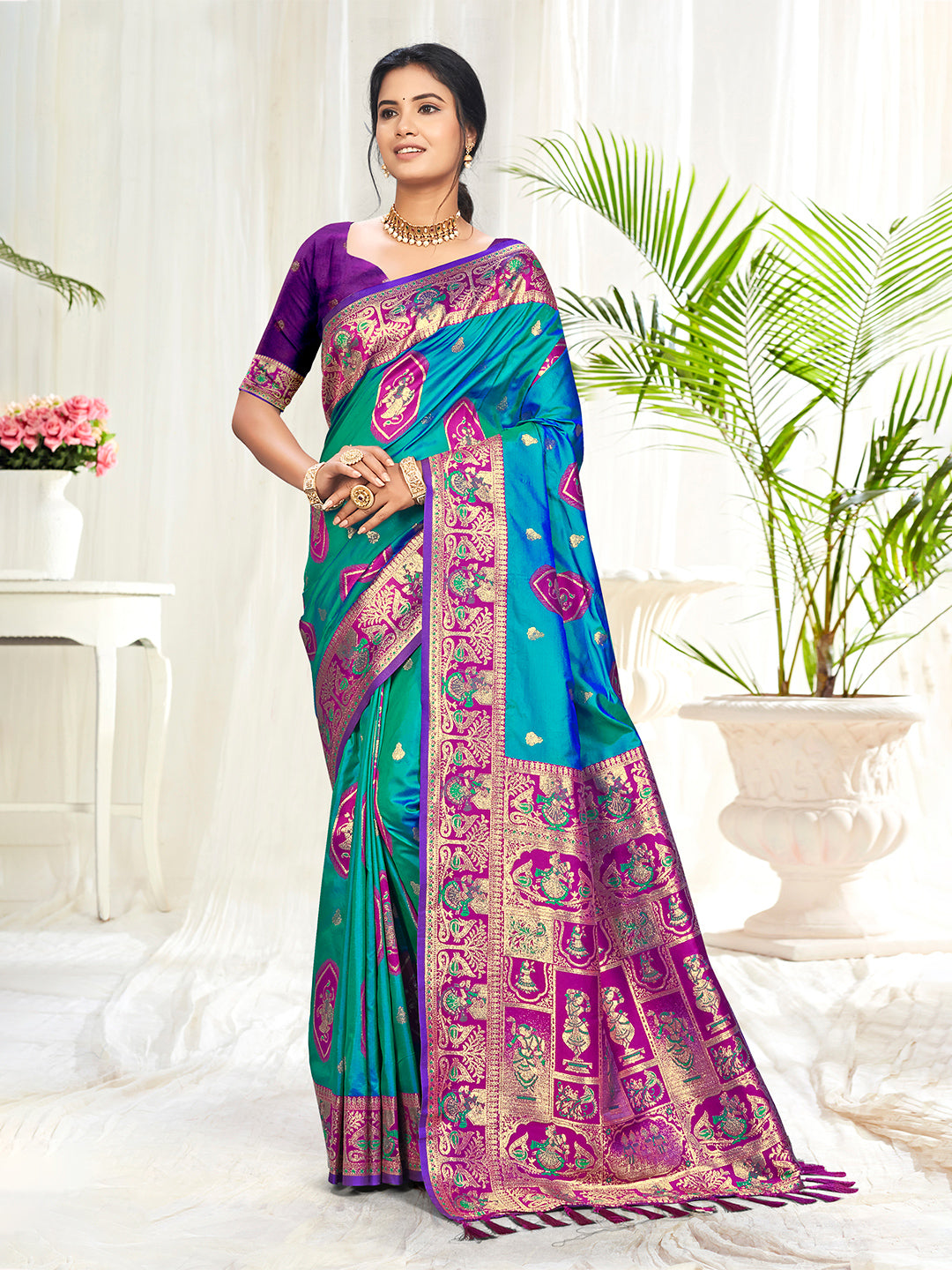 Sangam Prints Teal Blue Silk Woven Work Traditional Saree - Distacart