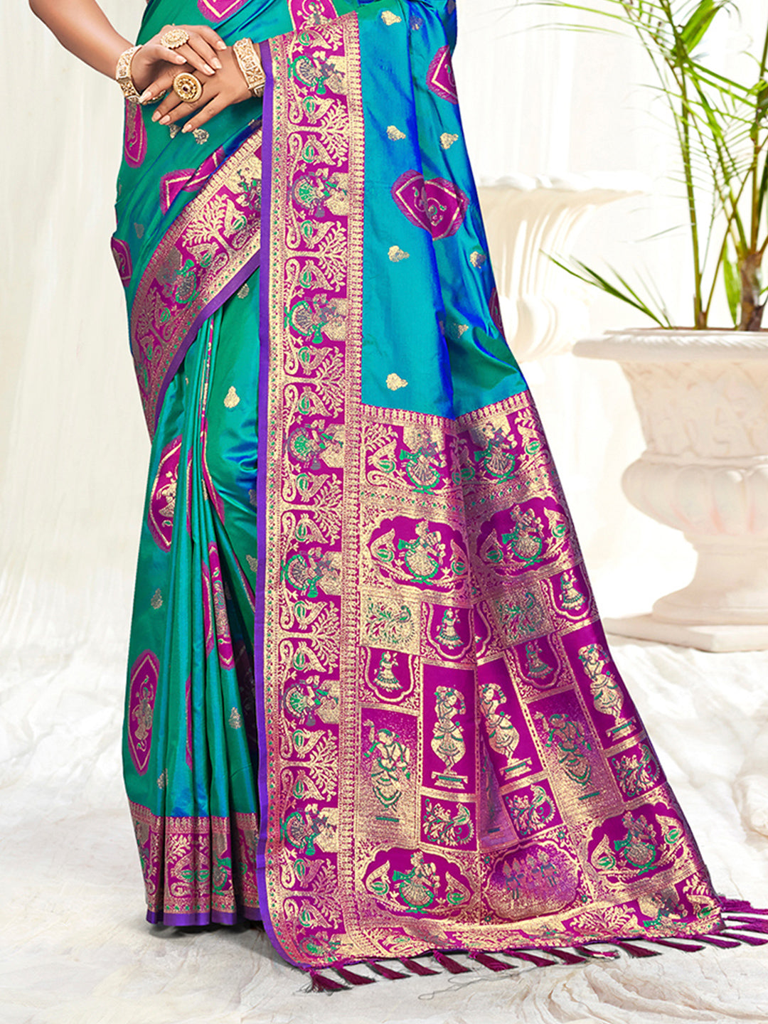 Sangam Prints Teal Blue Silk Woven Work Traditional Saree