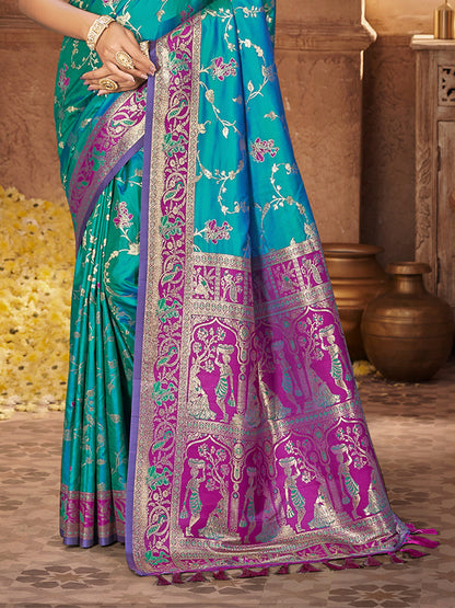 Sangam Prints Teal Blue Silk Woven Work Traditional Saree - Distacart