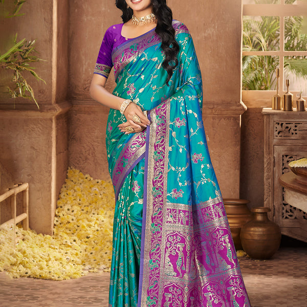 Sangam Prints Teal Blue Silk Woven Work Traditional Saree