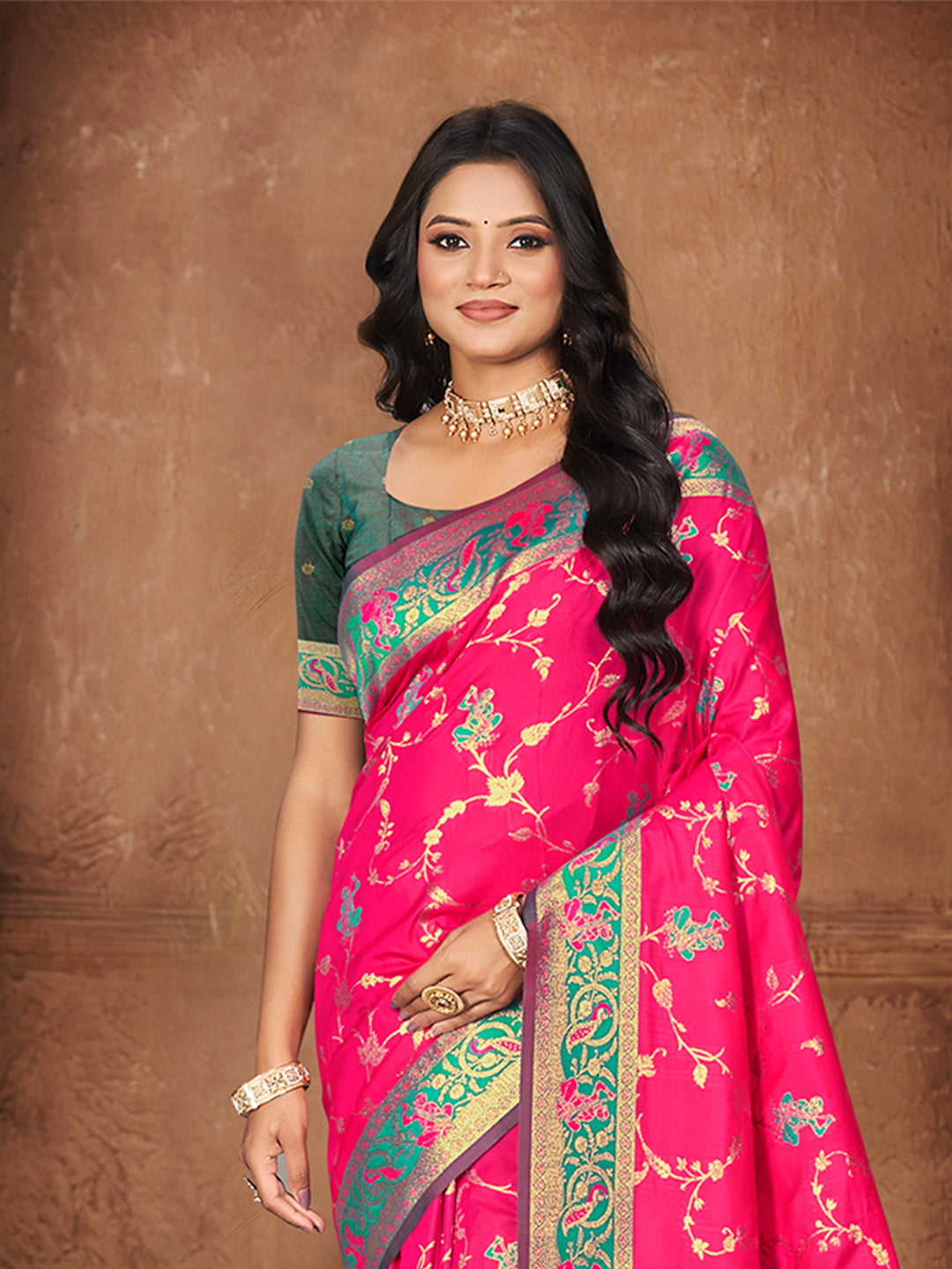 Sangam Prints Rani Pink Silk Woven Work Traditional Saree - Distacart